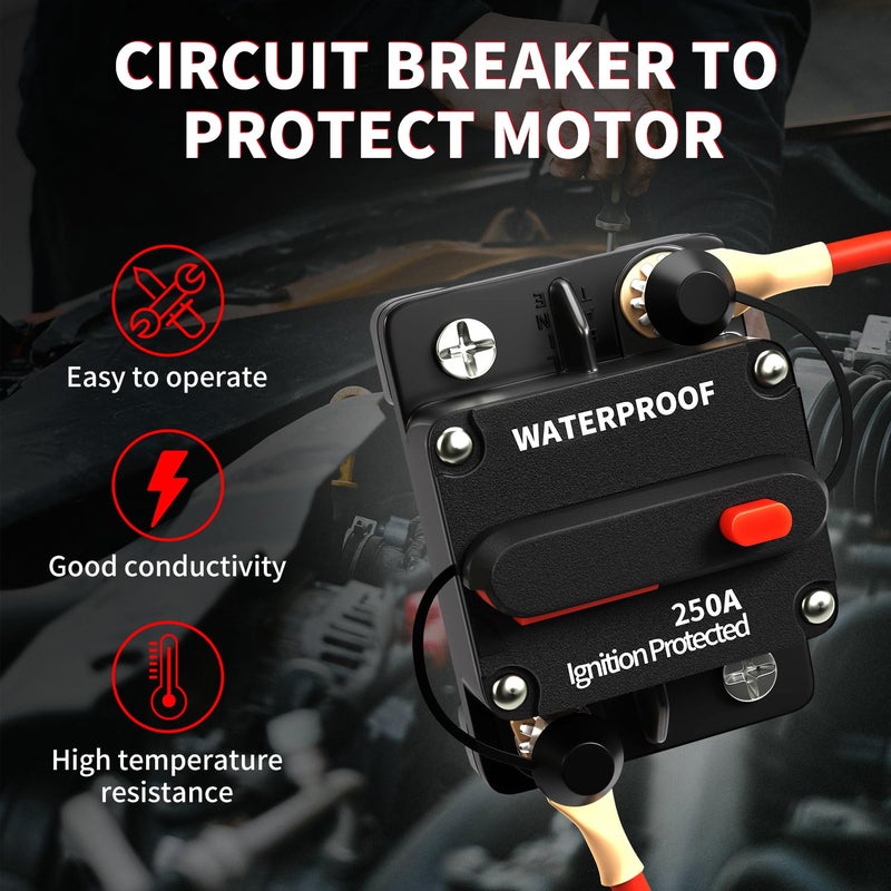 TEMCHY 250Amp Circuit Breaker Waterproof Marine Motor Accessory for Boat Trolling ATV Trailer Vehicles Stereo Audio Electronic Battery Solar System Inline Fuse with Manual Reset Switch DC 12V-48V - Image 2